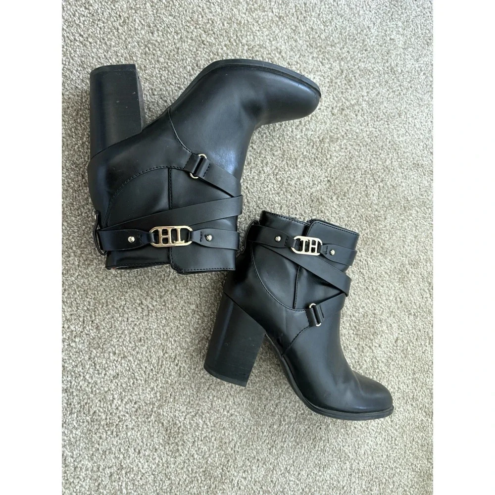 Tommy Hilfiger Darhla Buckled Ankle Boots 8 Medium Black Leather Block Heel Zip